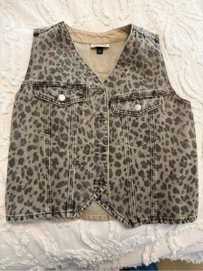 Leopard Print Denim Vest - Neutral Taupe & Charcoal